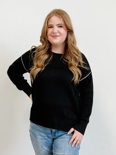 Round Neck Contrast Trim Sweater in Black