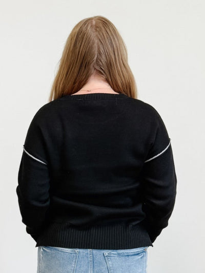 Round Neck Contrast Trim Sweater in Black