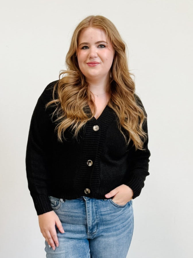 Melange Button Front Cardigan in Black