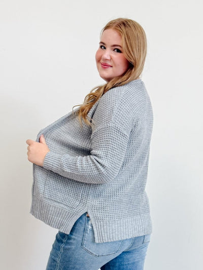 Relaxed Fit Waffle Open Cardigan Sweater in Heather Grey