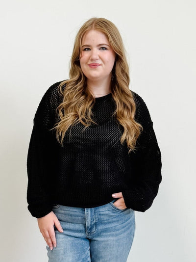 Textured Knit Drop Shoulder Sweater in Black
