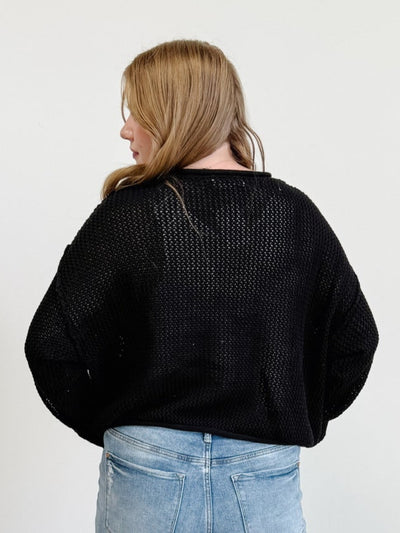 Textured Knit Drop Shoulder Sweater in Black
