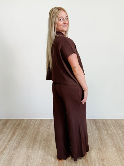 Short Sleeve Sweater Top & Pants Set in Brown
