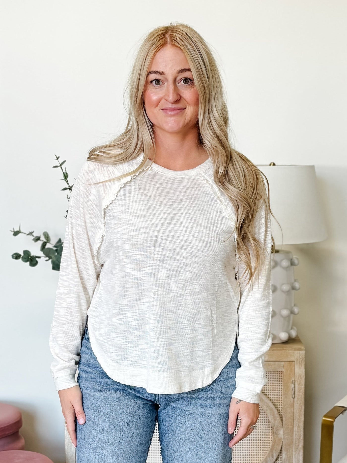 DEX Long Sleeve Ruffle Trim Top in Cream