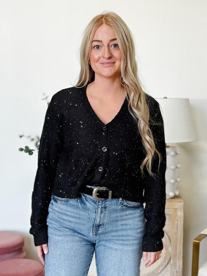 Sequin Cropped Cardigan in Black