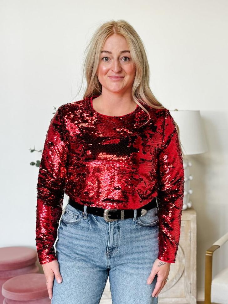 Sequin Long Sleeve Crop Top in Red