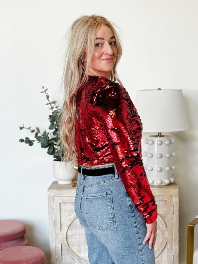 Sequin Long Sleeve Crop Top in Red