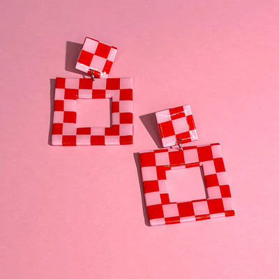 Retro Square Dangle Earrings in Pink & Red