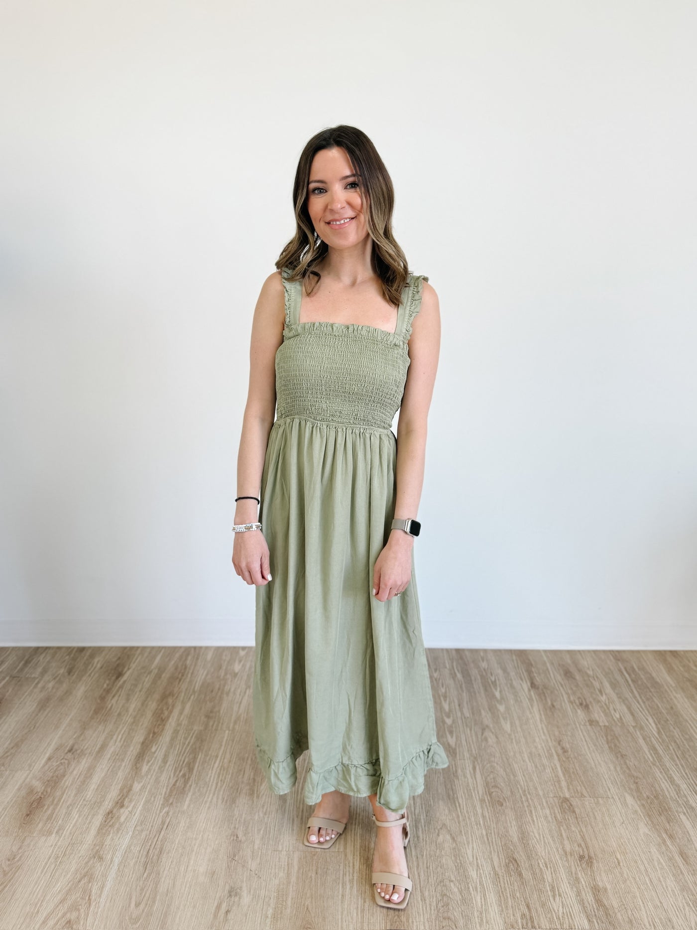Smocked Maxi Dress With Ruffle Straps in Olive Stone