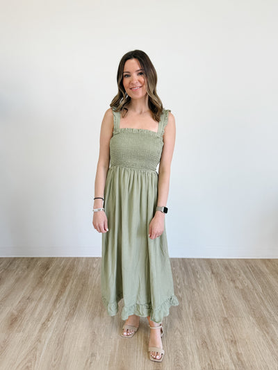 Smocked Maxi Dress With Ruffle Straps in Olive Stone