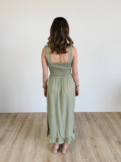 Smocked Maxi Dress With Ruffle Straps in Olive Stone