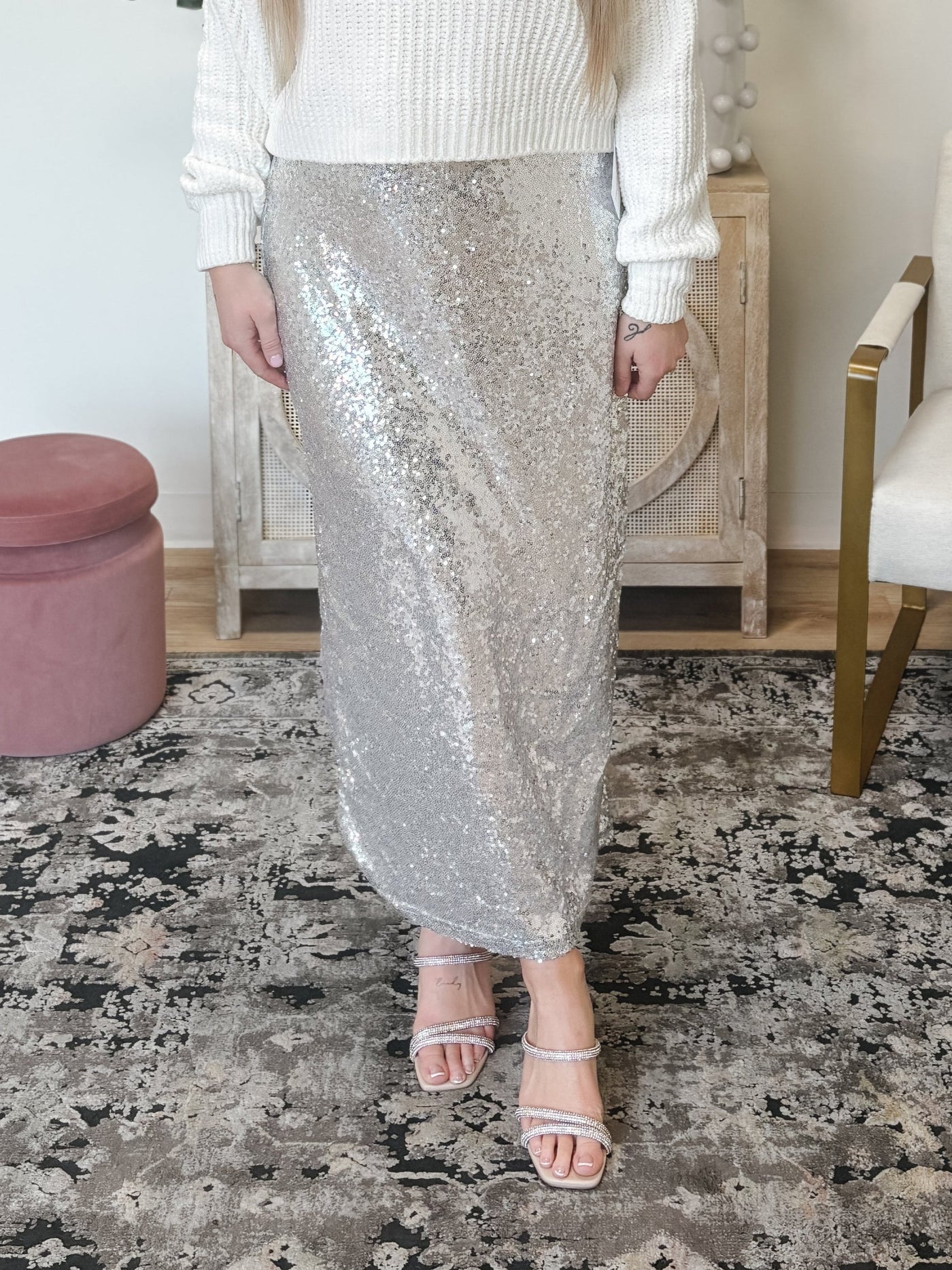 Sequin Maxi Skirt With Back Slit in Silver