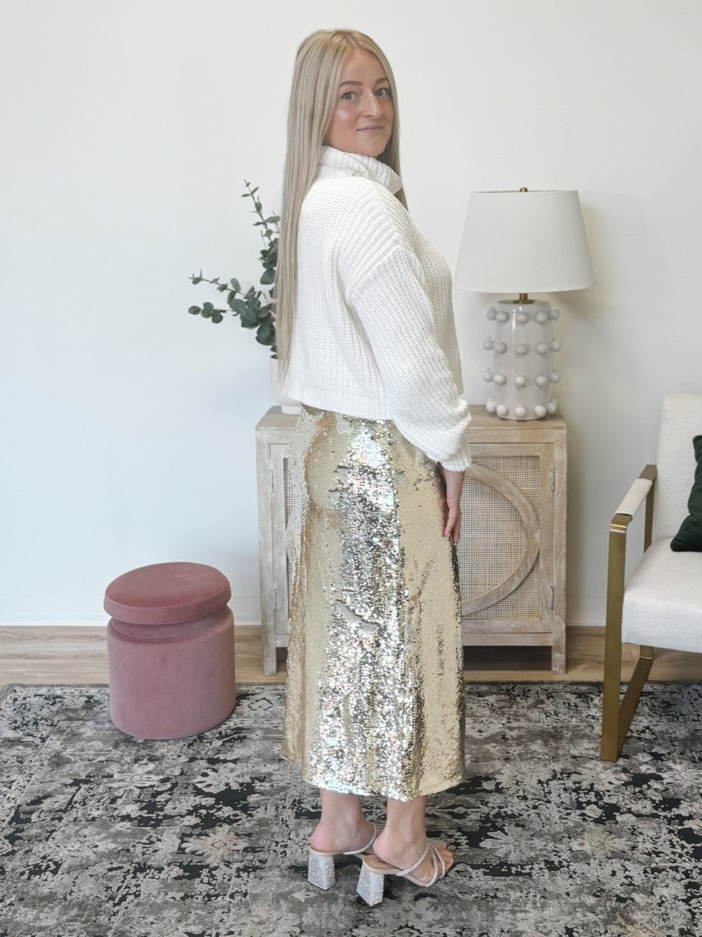 Side Slit Sequin Midi Skirt in Gold