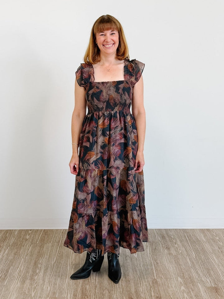 Abstract-Print Smocked Ruffle Midi Dress