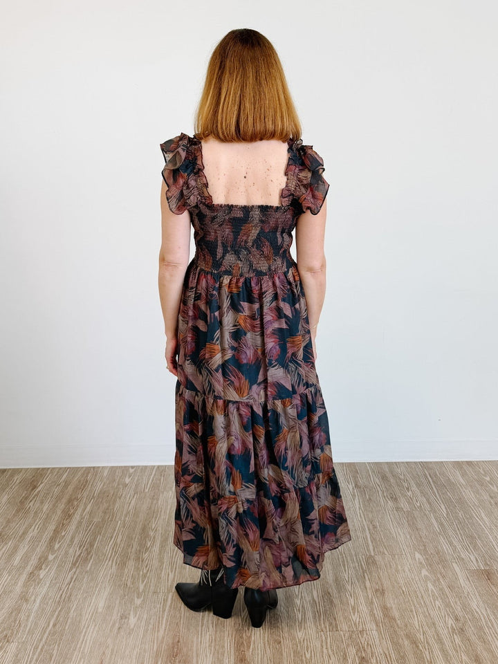 Abstract-Print Smocked Ruffle Midi Dress