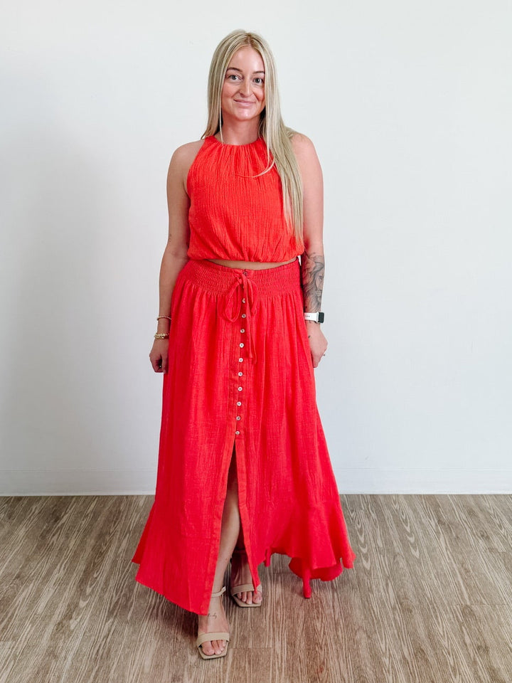 Cotton Gauze Smocked-Drop Waist Button-Front Maxi Skirt in Cherry Tomato