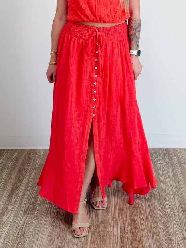 Cotton Gauze Smocked-Drop Waist Button-Front Maxi Skirt in Cherry Tomato