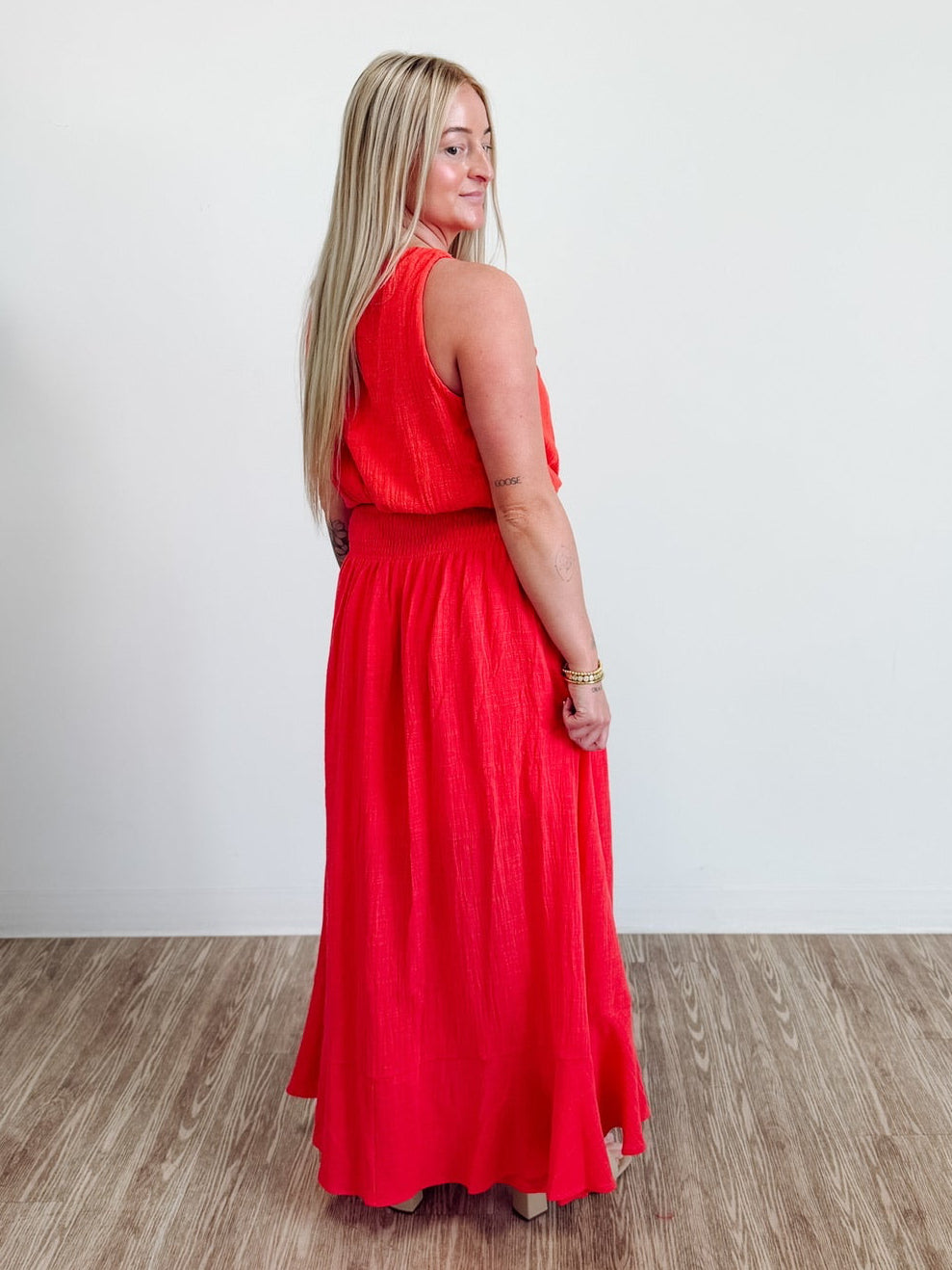 Cotton Gauze Smocked-Drop Waist Button-Front Maxi Skirt in Cherry Tomato
