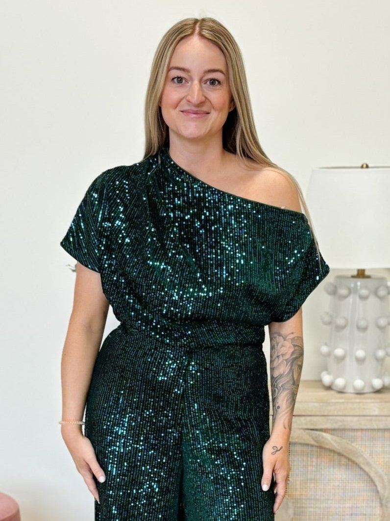 The Asymmetrical Sequin TOP in Peacock