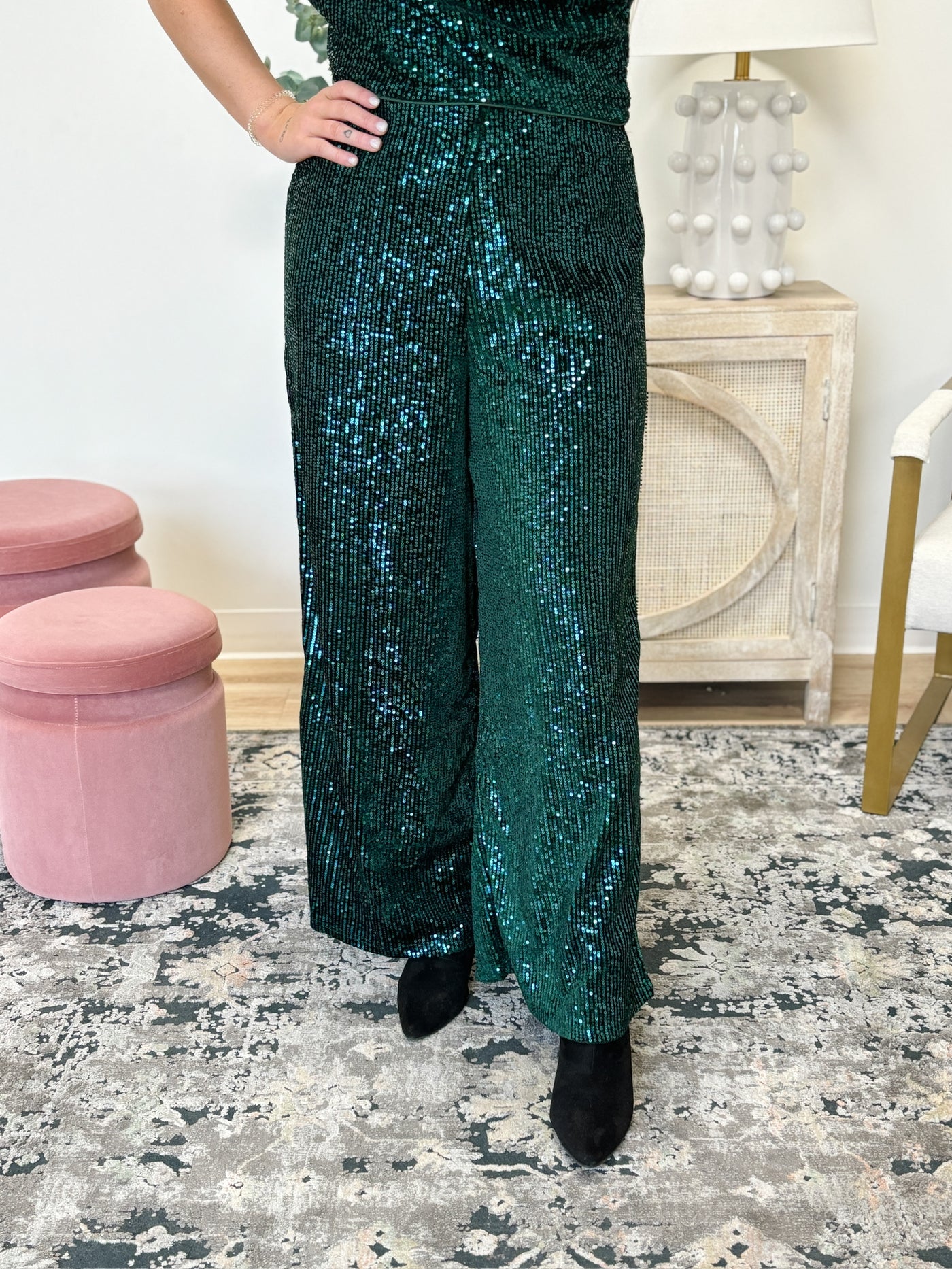 The Sequin Flared Leg Pants in Peacock