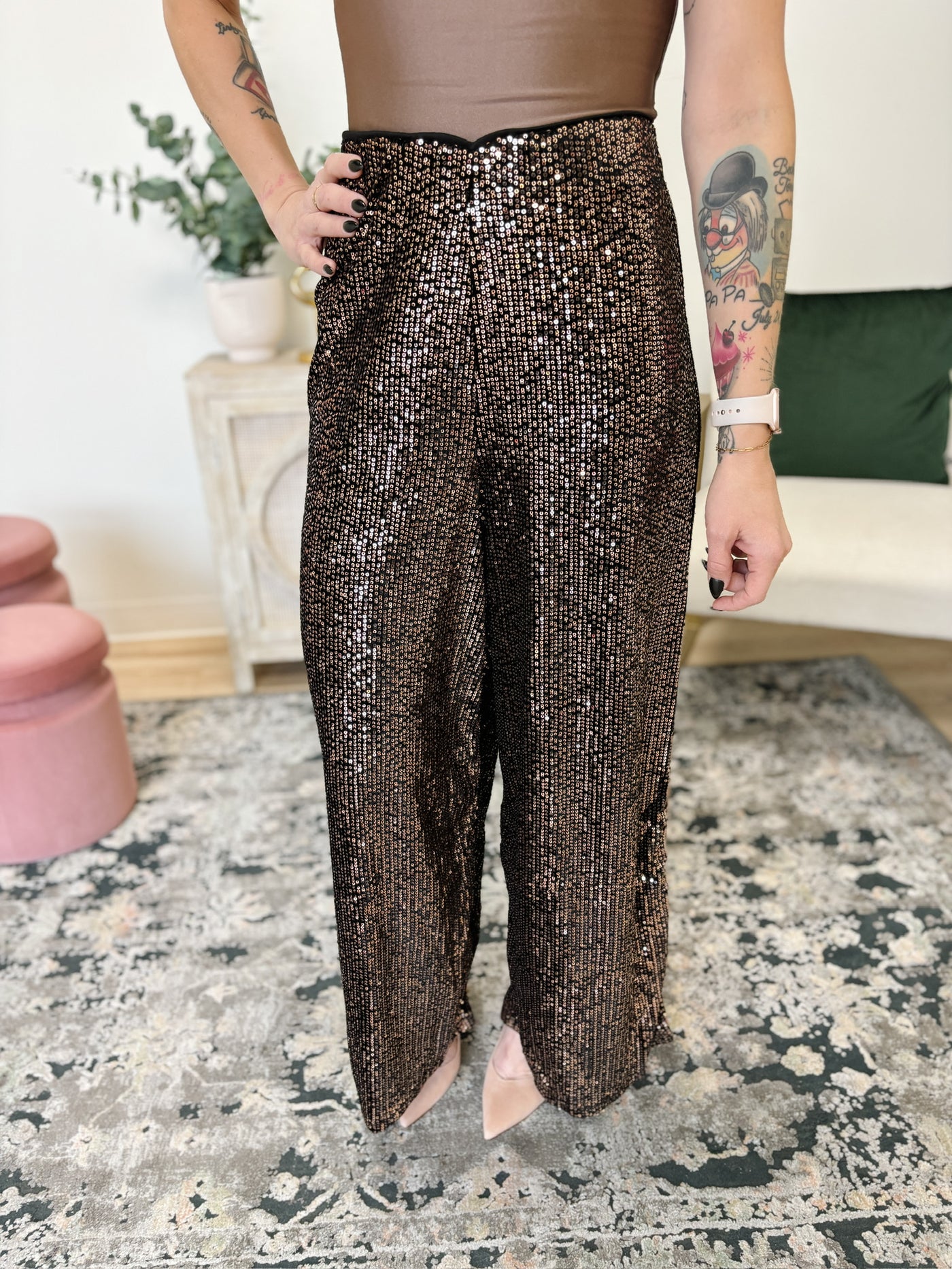 Sequin Flared Leg Pants in Gold