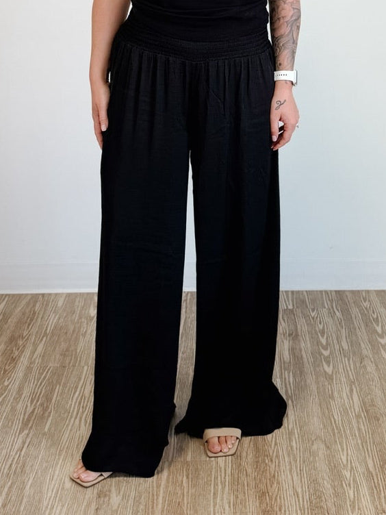 Smocked Waist Wide Leg Pant in Black