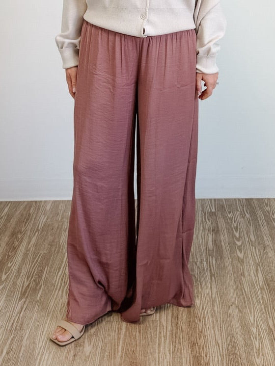 Smocked Waist Wide Leg Pant in Mauve