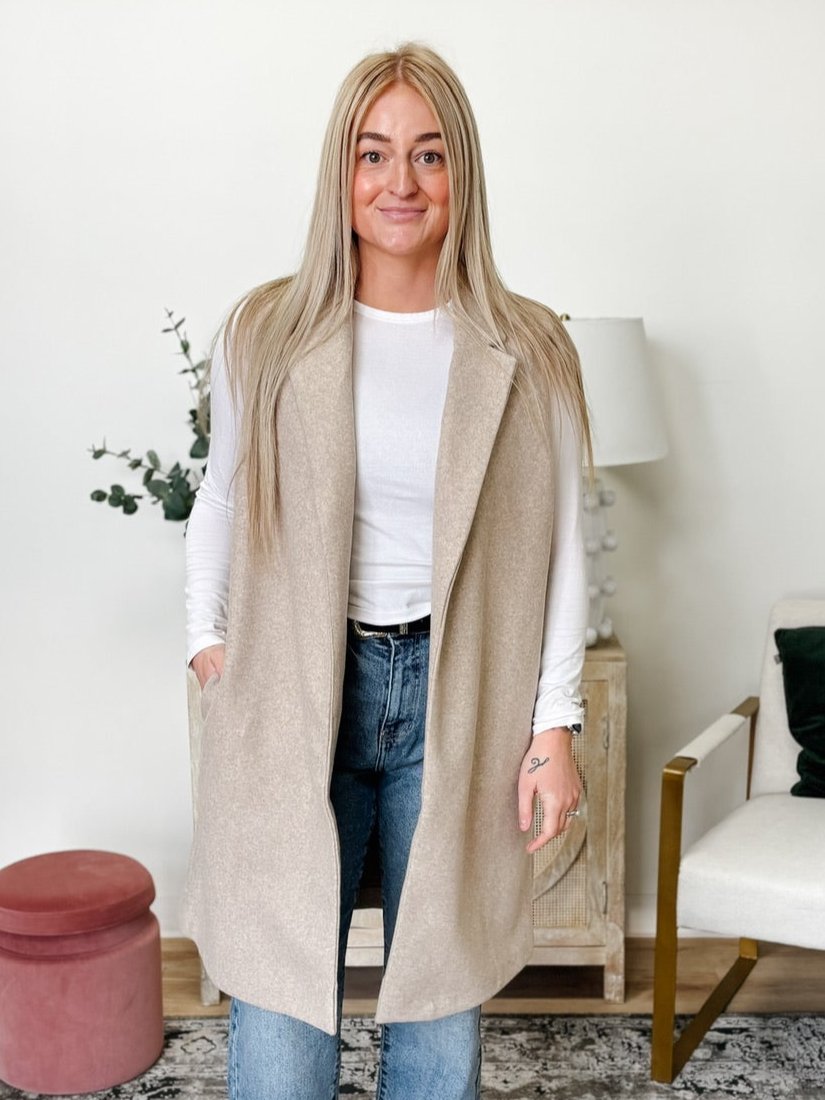 Fleece Long Vest in Oatmeal