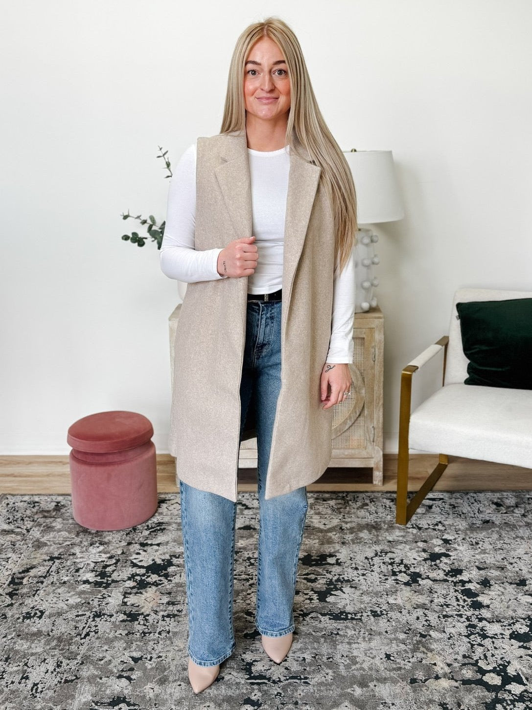 Fleece Long Vest in Oatmeal