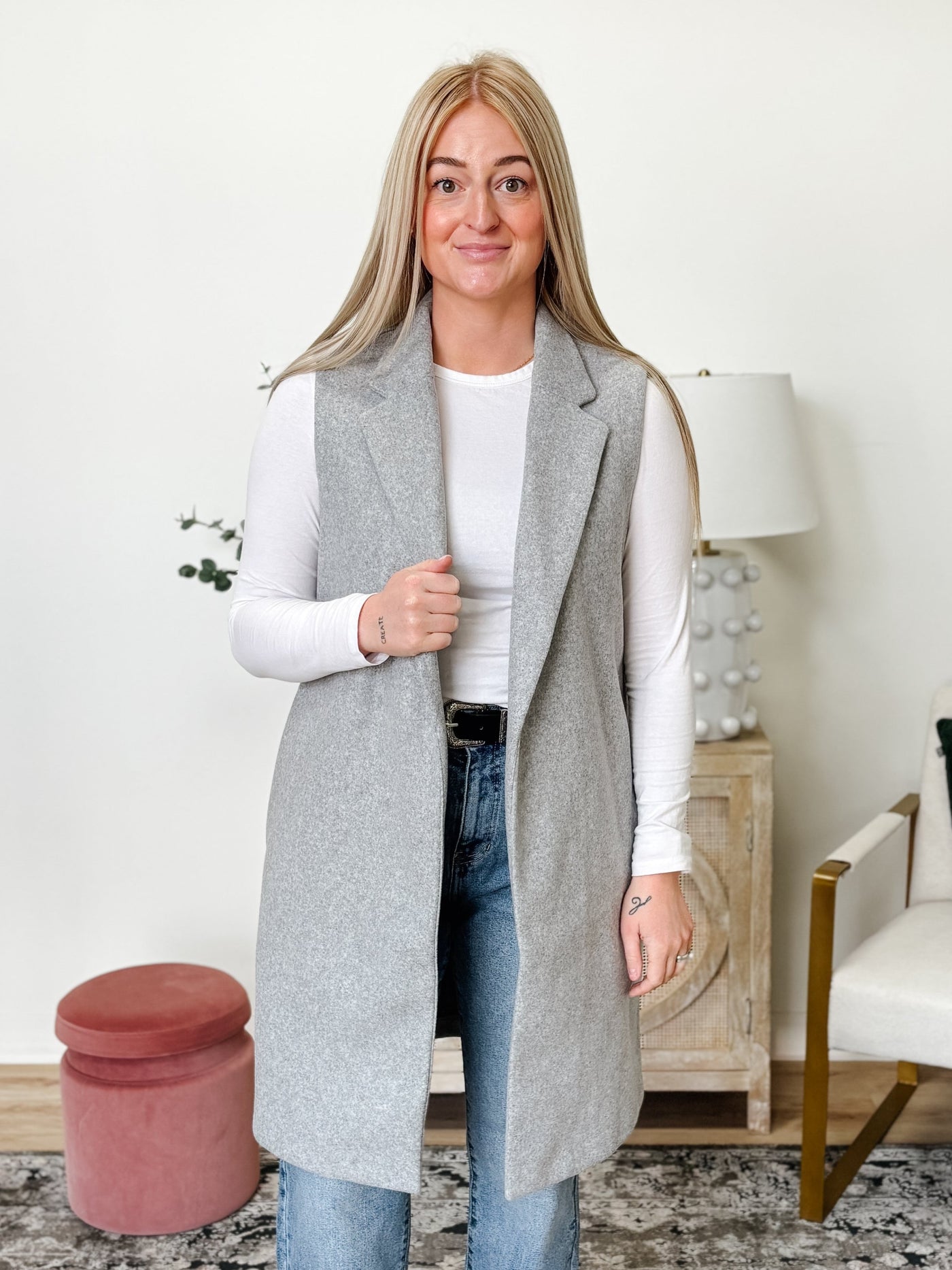 Fleece Long Vest in Light Grey