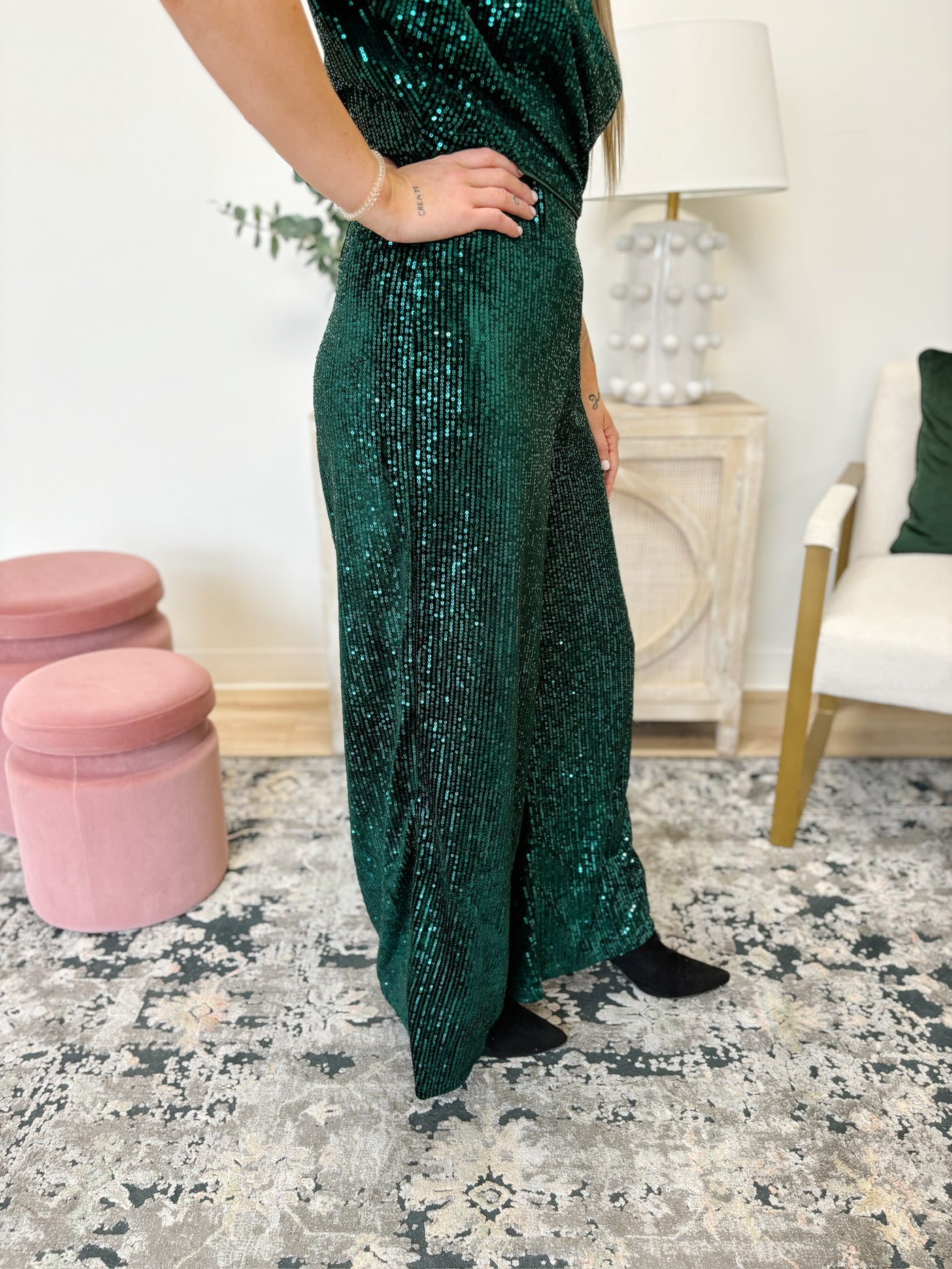 The Sequin Flared Leg Pants in Peacock