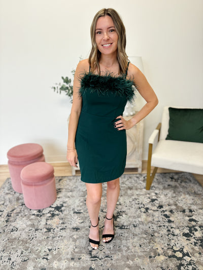 Cami Feather Trim Dress in Dark Green