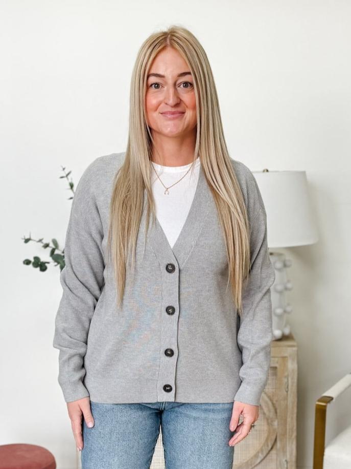 Drop Shoulder Button Front Sweater Cardigan in Heather Grey