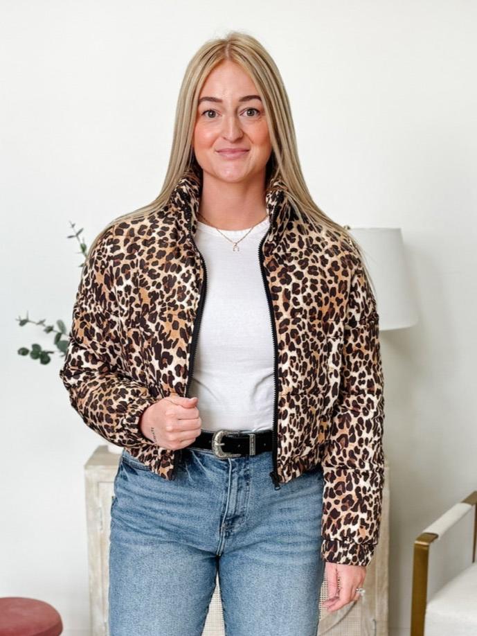 Leopard Print Bomber Puffer Jacket in Camel