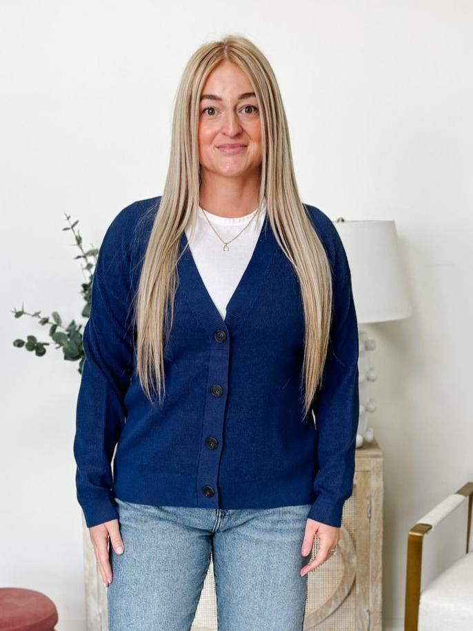 Drop Shoulder Button Front Sweater Cardigan in Light Navy