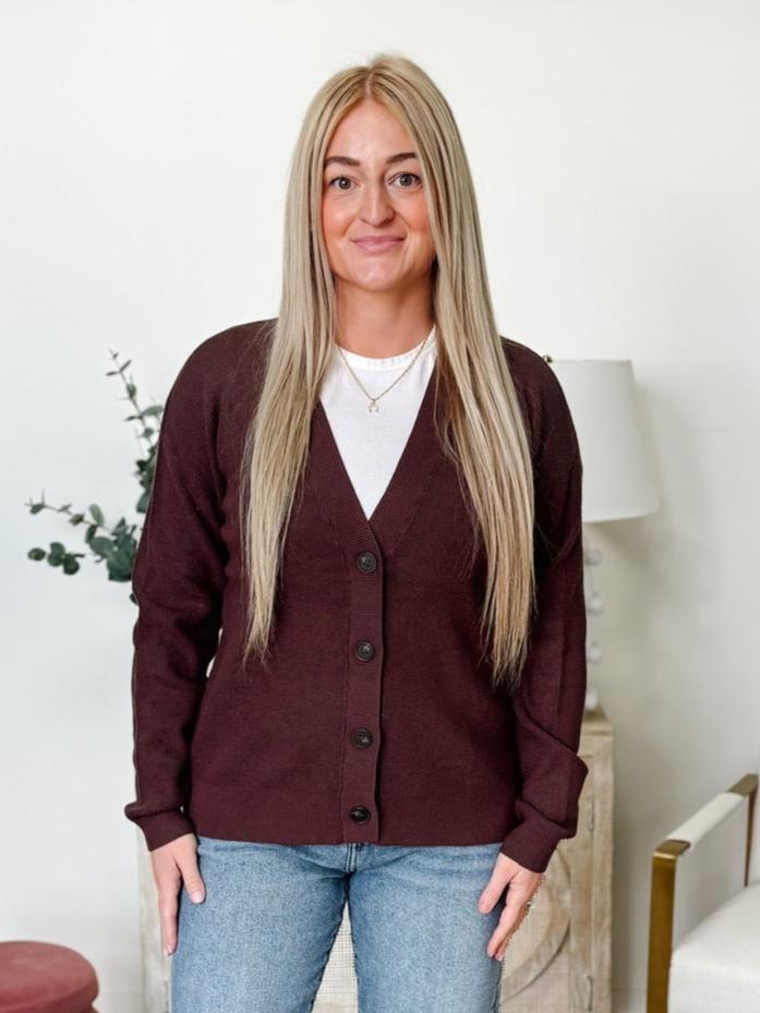 Drop Shoulder Button Front Sweater Cardigan in Mahogany