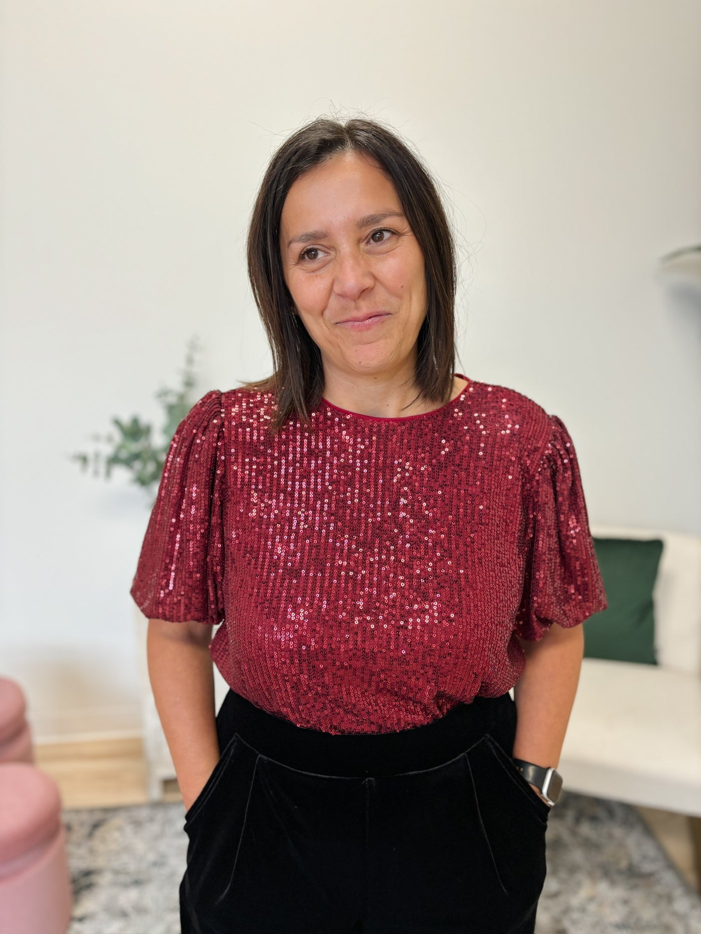 Half Puff Sleeve Sequin Top in Red