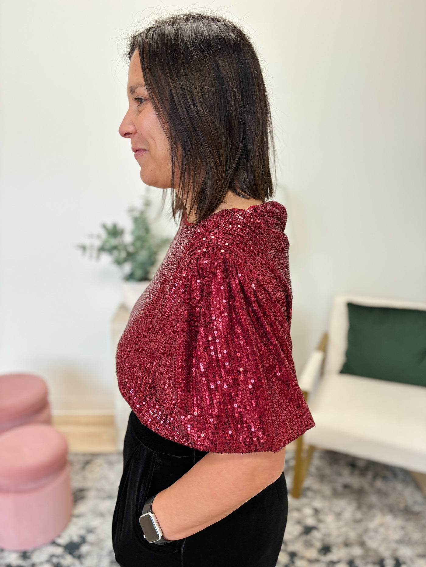 Half Puff Sleeve Sequin Top in Red