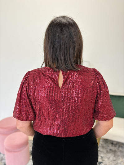 Half Puff Sleeve Sequin Top in Red