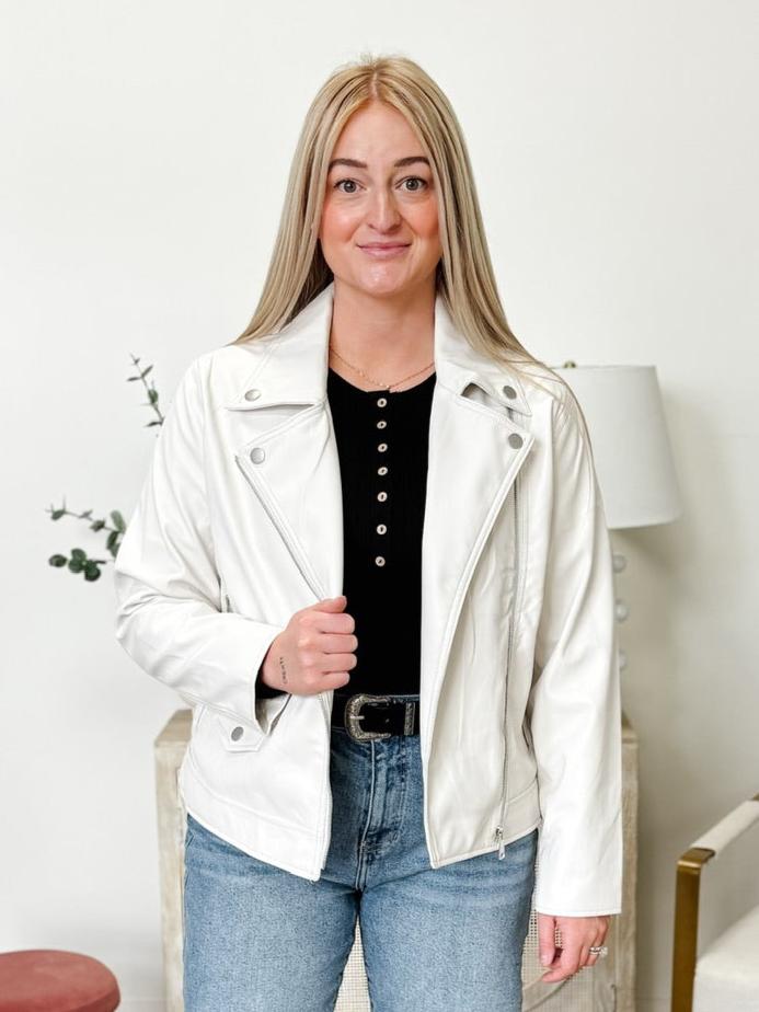 Oversized Faux Leather Moto Jacket in Ivory