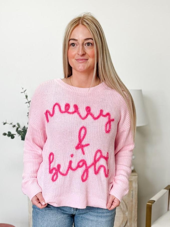 "Merry & Bright" Pop Up Letter Waffle Knit Sweater