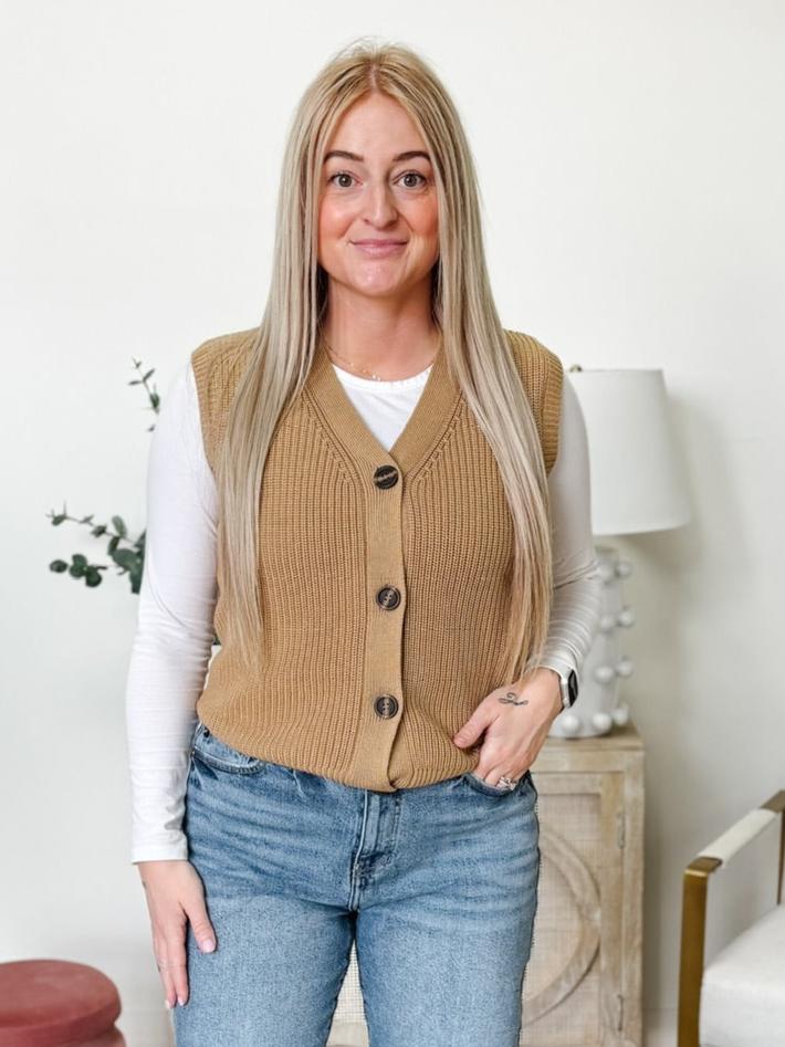 V-Neck Buttoned Front Sweater Vest in Beige