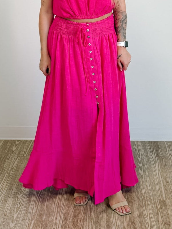 Cotton Gauze Smocked-Drop Waist Button-Front Maxi Skirt in Pink Peony