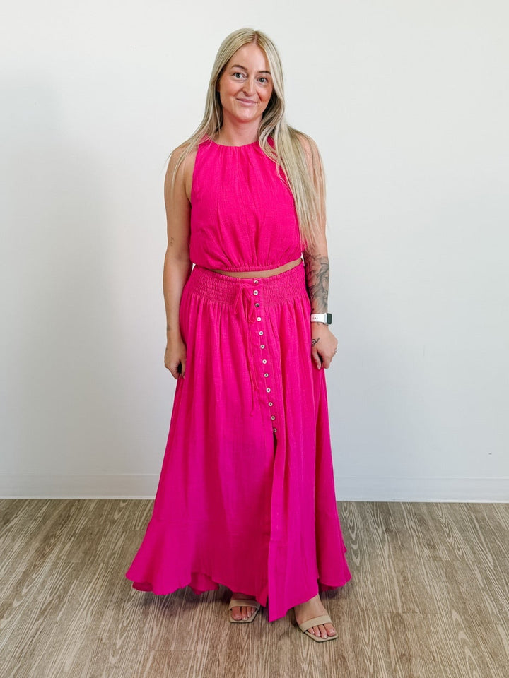 Cotton Gauze Gathered Sleeveless Cropped Halter Top in Pink Peony