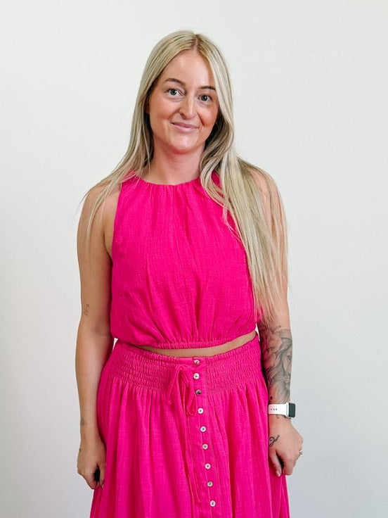 Cotton Gauze Gathered Sleeveless Cropped Halter Top in Pink Peony