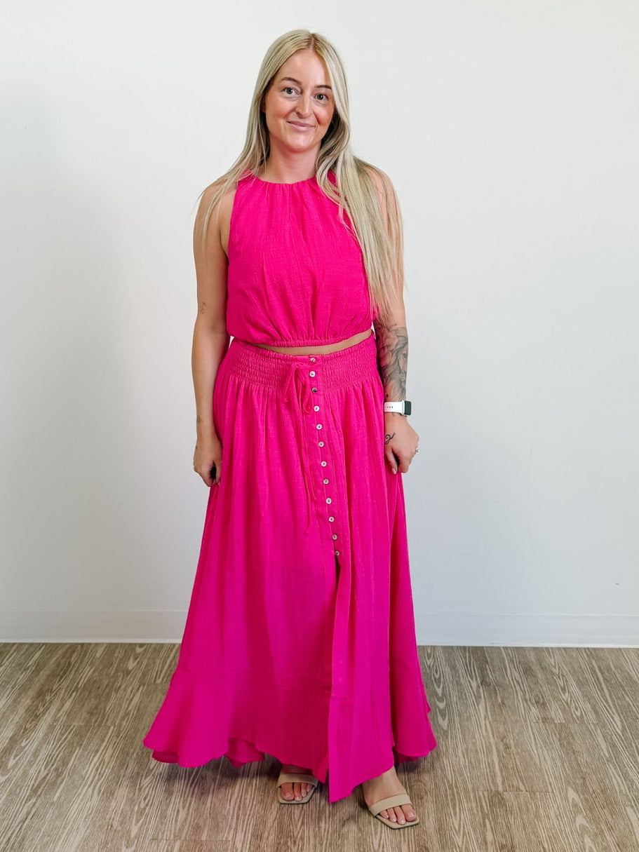 Cotton Gauze Smocked-Drop Waist Button-Front Maxi Skirt in Pink Peony