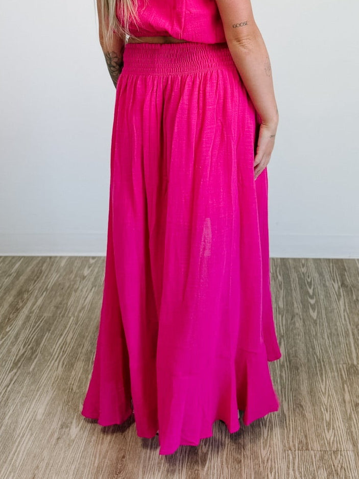Cotton Gauze Smocked-Drop Waist Button-Front Maxi Skirt in Pink Peony