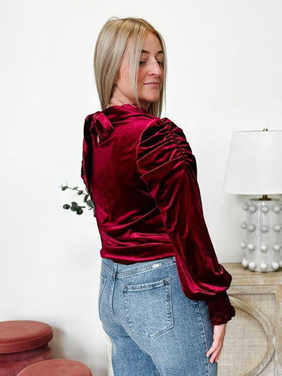 Mock Neck Puff Sleeve Velvet Blouse in Cranberry