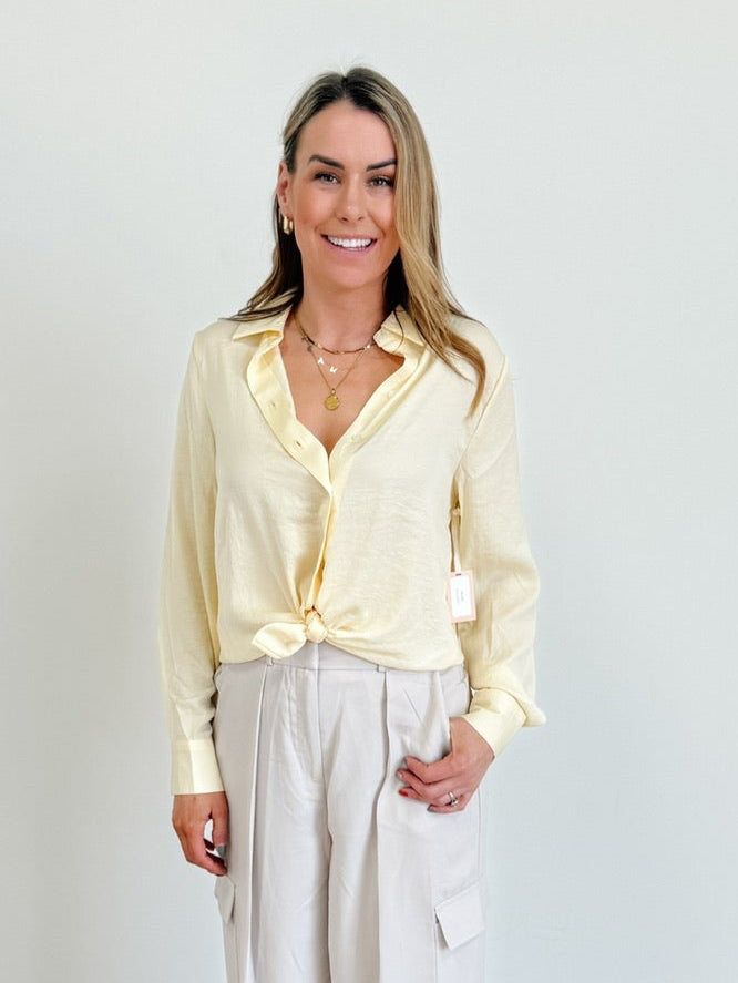 DEX Long Sleeve Flowy Satin Blouse in Lemon