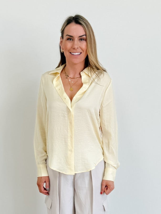 DEX Long Sleeve Flowy Satin Blouse in Lemon